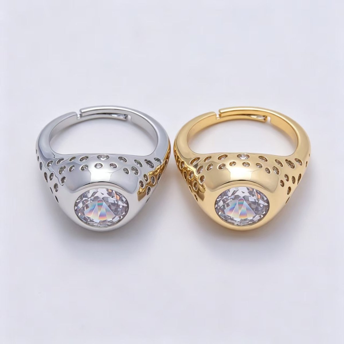 16K Gold Filled Clear Oval CZ Dotted Signet Ring in Gold &amp; Silver | Rings-00124 Rings-00170