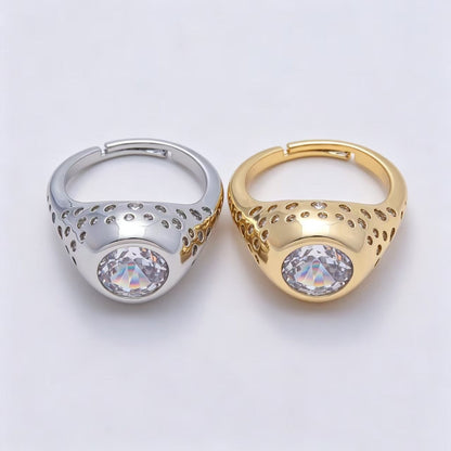 16K Gold Filled Clear Oval CZ Dotted Signet Ring in Gold &amp; Silver | Rings-00124 Rings-00170