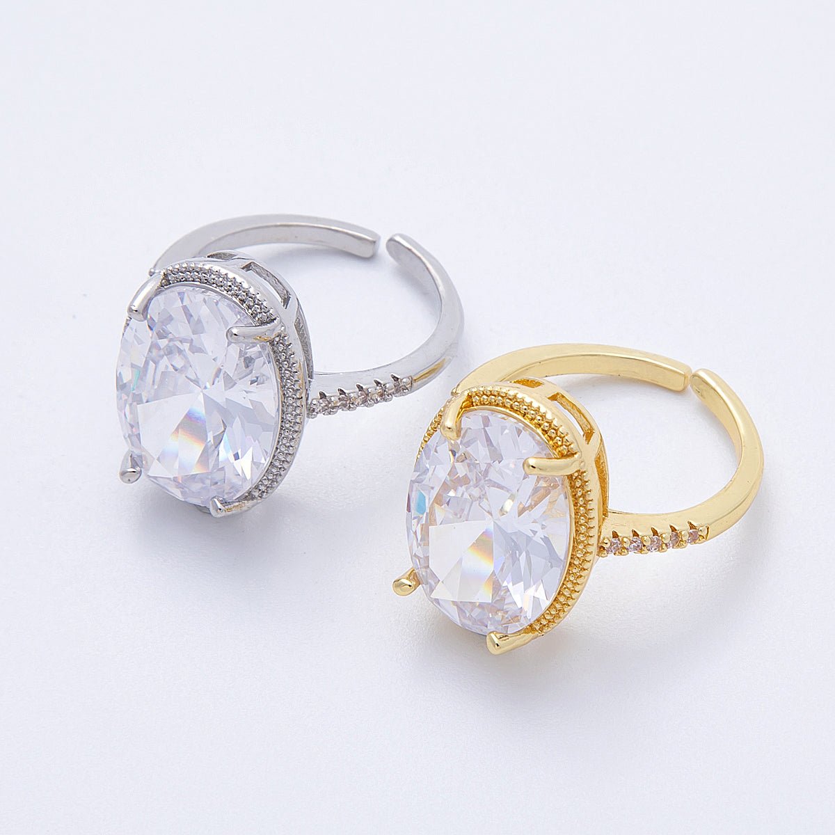 16K Gold Filled Clear Oval CZ Micro Paved Solitaire Ring in Gold &amp; Silver | Rings-00007 Rings-00008