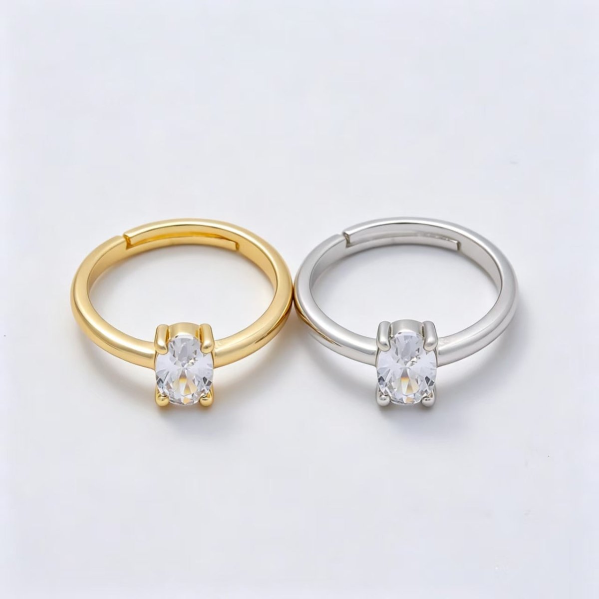 16K Gold Filled Clear Oval CZ Solitaire Adjustable Ring in Gold &amp; Silver | Rings-00147 Rings-00148