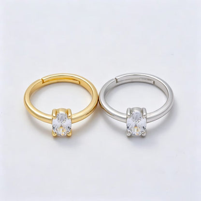 16K Gold Filled Clear Oval CZ Solitaire Adjustable Ring in Gold &amp; Silver | Rings-00147 Rings-00148