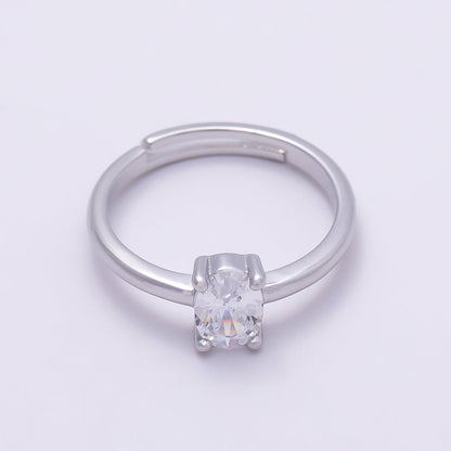 16K Gold Filled Clear Oval CZ Solitaire Adjustable Ring in Gold &amp; Silver | Rings-00147 Rings-00148