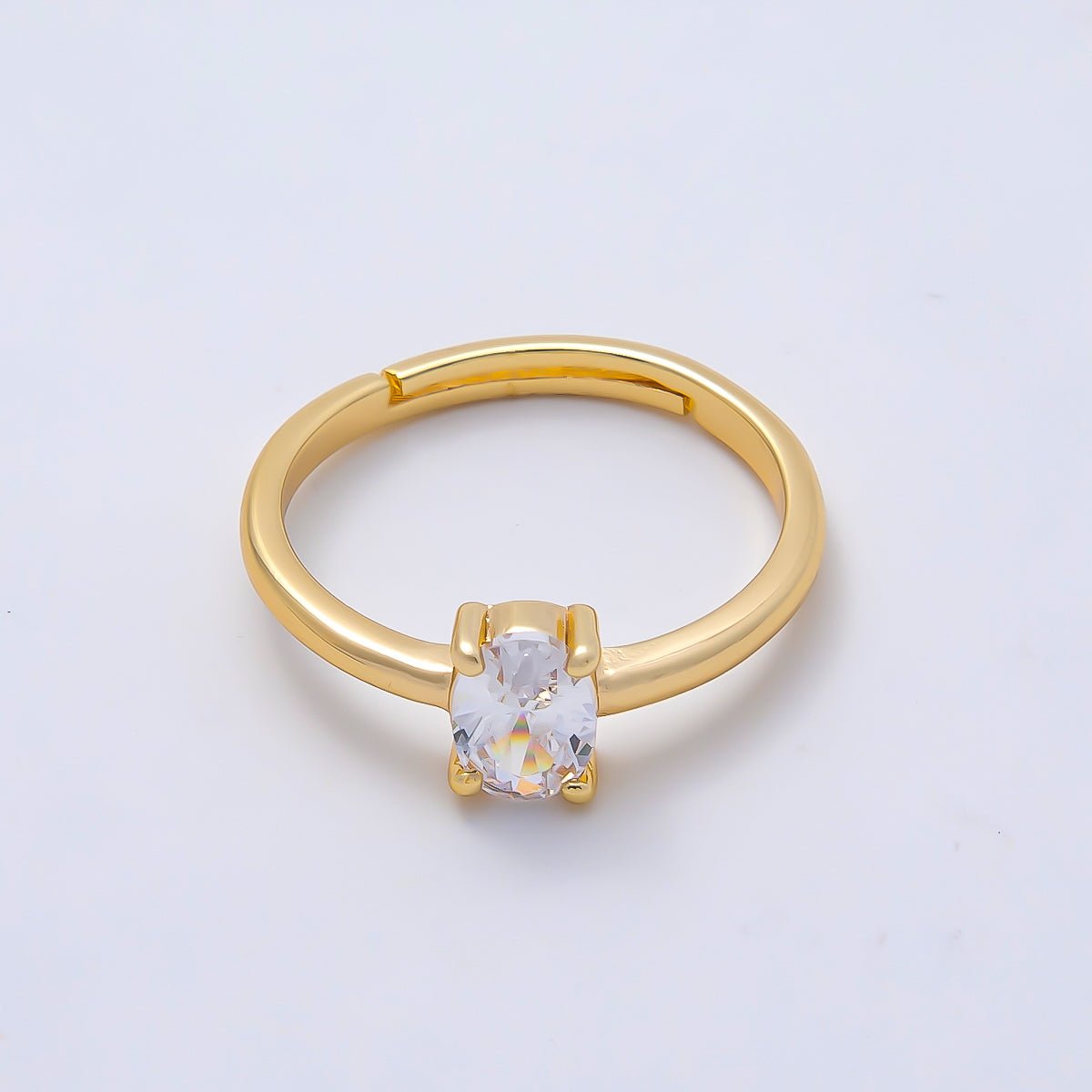 16K Gold Filled Clear Oval CZ Solitaire Adjustable Ring in Gold &amp; Silver | Rings-00147 Rings-00148