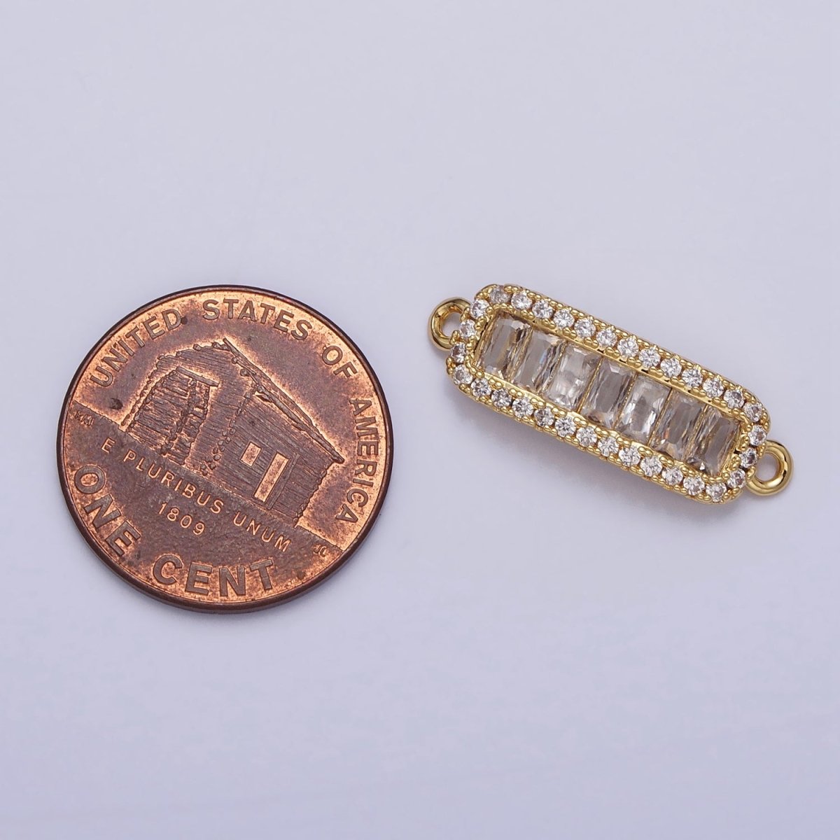 16K Gold Filled Clear, Pink CZ Baguette Lined Micro Paved Bar Connector | Y-905