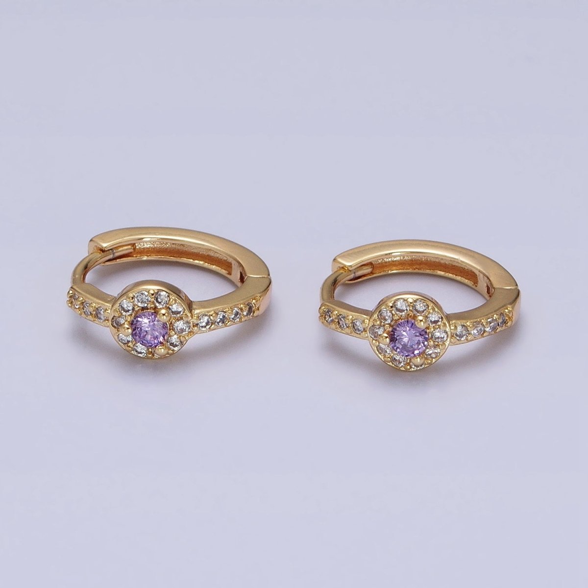 16K Gold Filled Clear, Purple Round CZ Micro Paved 13mm Huggie Earrings in Gold &amp; Silver | AD854 - AD857
