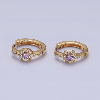 16K Gold Filled Clear, Purple Round CZ Micro Paved 13mm Huggie Earrings in Gold &amp; Silver | AD854 - AD857