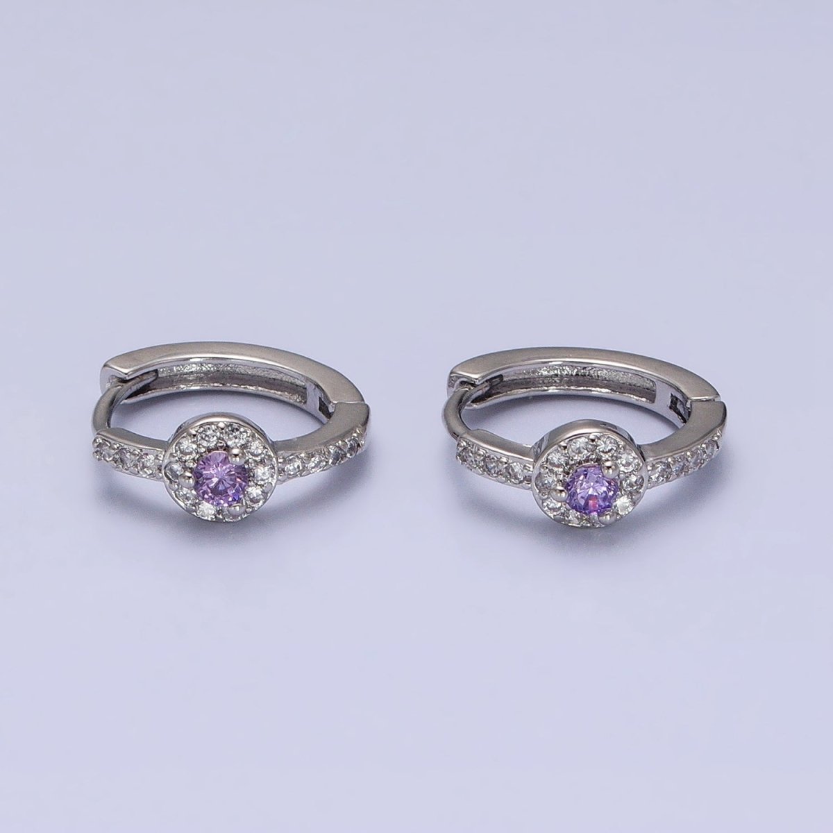16K Gold Filled Clear, Purple Round CZ Micro Paved 13mm Huggie Earrings in Gold &amp; Silver | AD854 - AD857