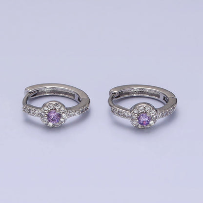16K Gold Filled Clear, Purple Round CZ Micro Paved 13mm Huggie Earrings in Gold &amp; Silver | AD854 - AD857