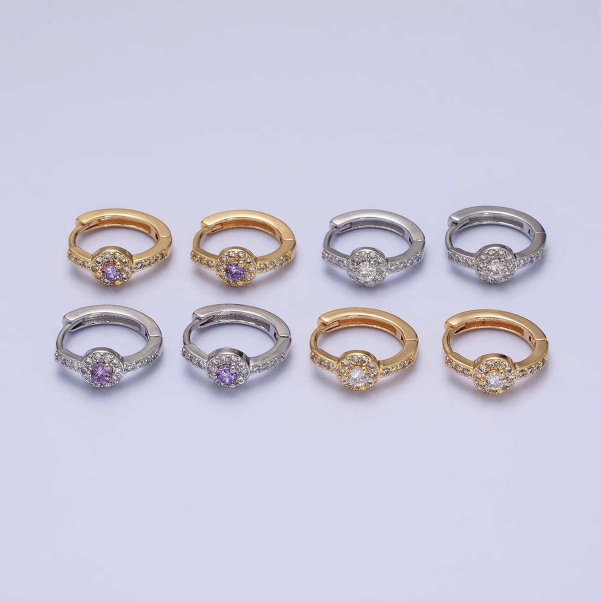 16K Gold Filled Clear, Purple Round CZ Micro Paved 13mm Huggie Earrings in Gold &amp; Silver | AD854 - AD857