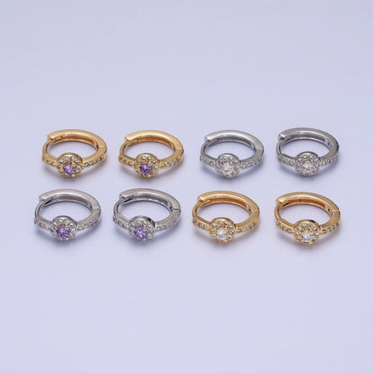 16K Gold Filled Clear, Purple Round CZ Micro Paved 13mm Huggie Earrings in Gold &amp; Silver | AD854 - AD857