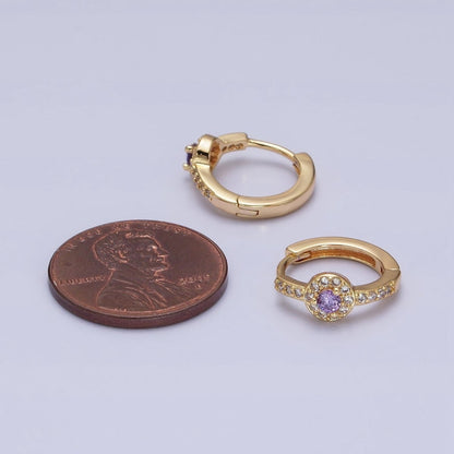 16K Gold Filled Clear, Purple Round CZ Micro Paved 13mm Huggie Earrings in Gold &amp; Silver | AD854 - AD857