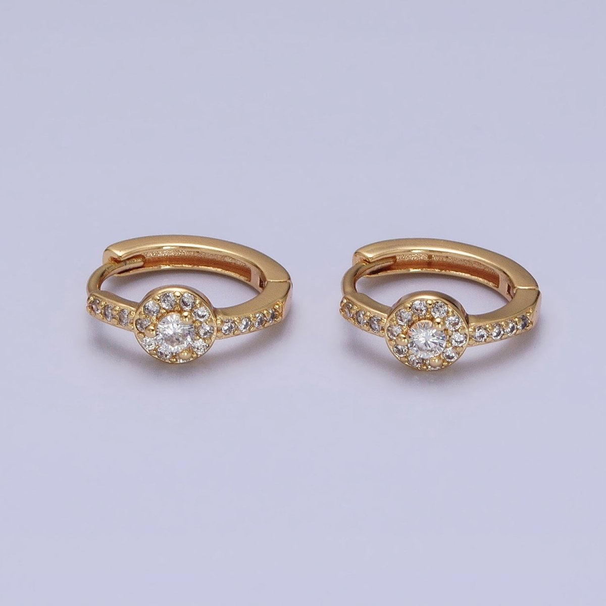 16K Gold Filled Clear, Purple Round CZ Micro Paved 13mm Huggie Earrings in Gold &amp; Silver | AD854 - AD857