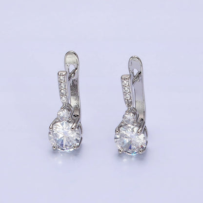 16K Gold Filled Clear Round CZ Micro Paved English Lock Earrings in Silver &amp; Gold | AB653