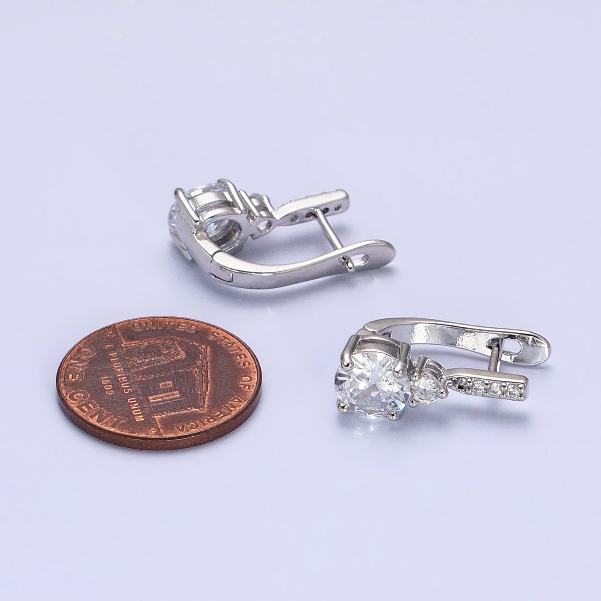16K Gold Filled Clear Round CZ Micro Paved English Lock Earrings in Silver &amp; Gold | AB653