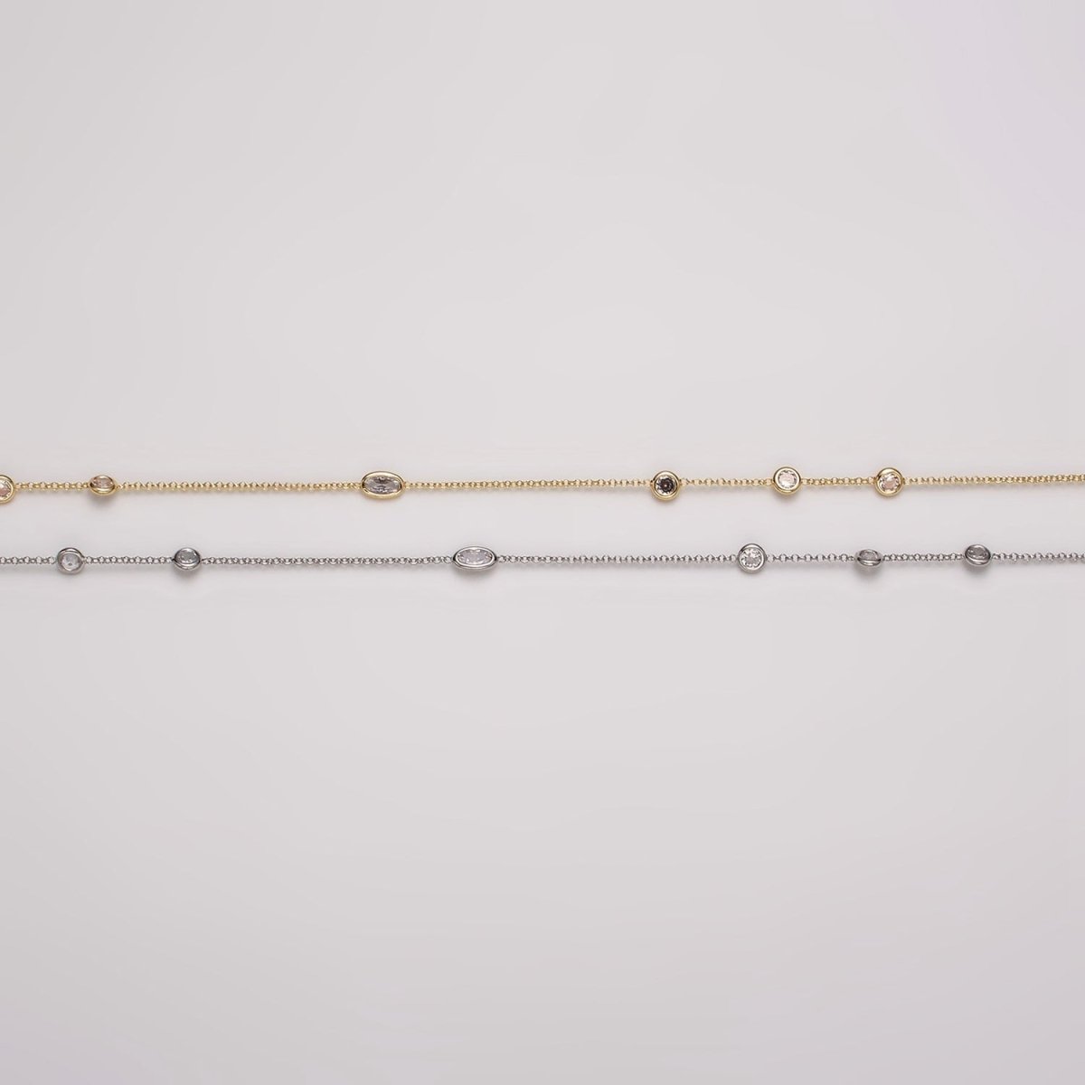 16K Gold Filled Clear Round Oval CZ Rolo Unfinished Chain in Gold &amp; Silver | ROLL-1365 ROLL-1366