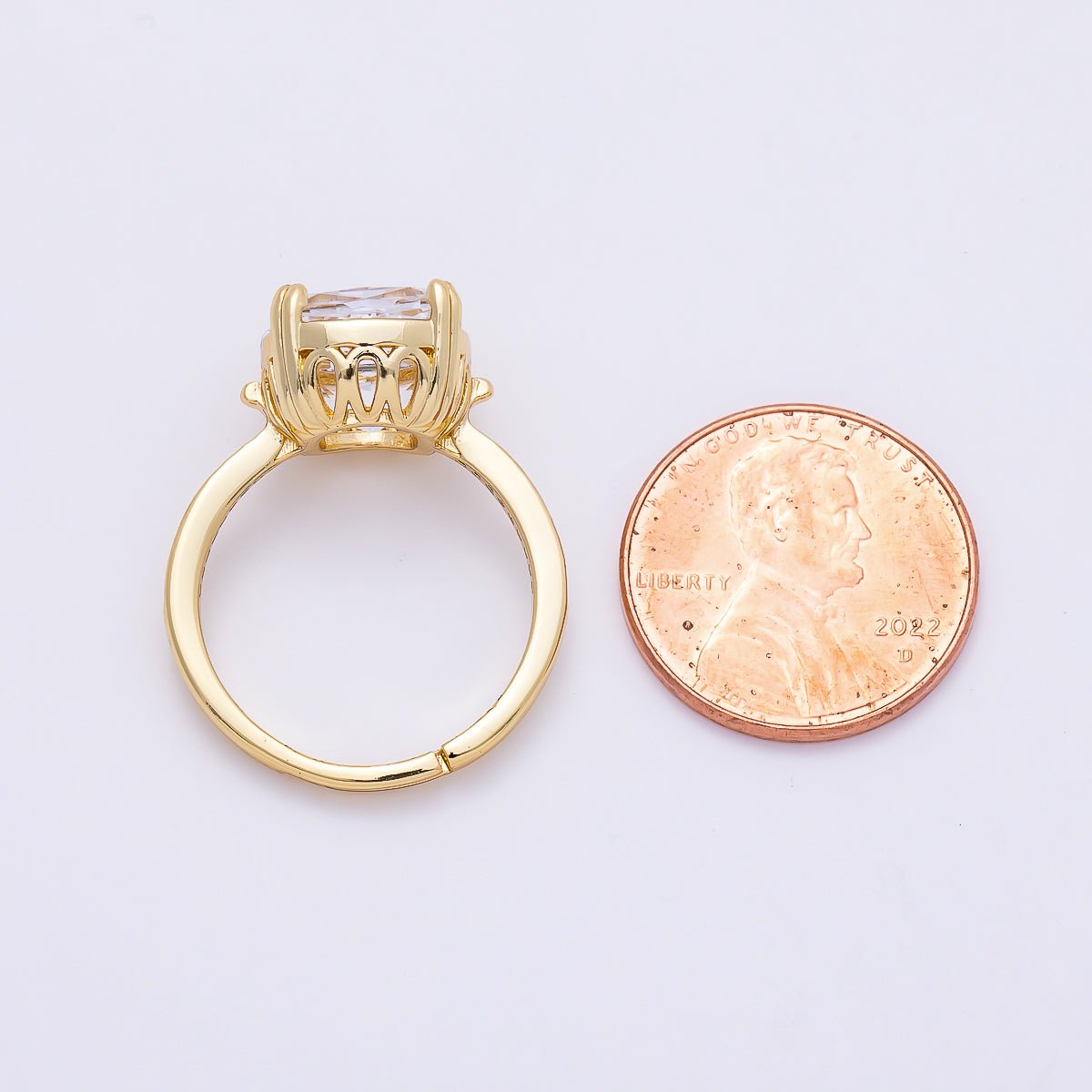 16K Gold Filled Clear Rounded Square Baguette Prong Micro Paved CZ Ring | Rings-00290