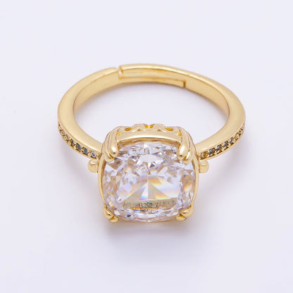 16K Gold Filled Clear Rounded Square Baguette Prong Micro Paved CZ Ring | Rings-00290