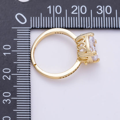 16K Gold Filled Clear Rounded Square Baguette Prong Micro Paved CZ Ring | Rings-00290