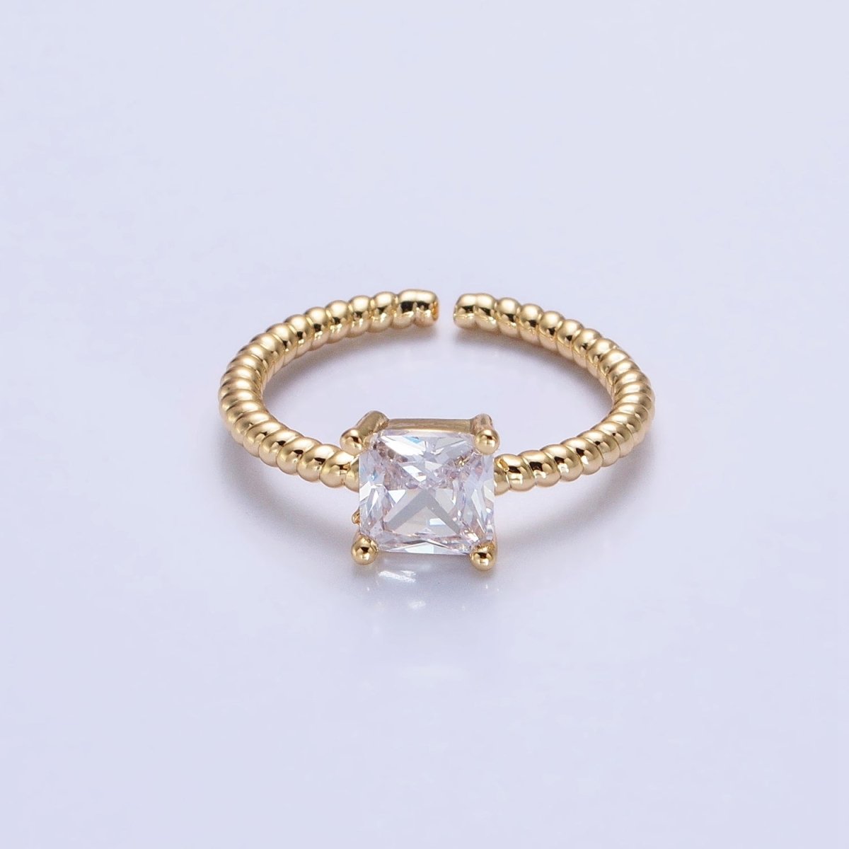 16K Gold Filled Clear Square CZ Croissant Twist Adjustable Ring in Gold &amp; Silver | O1968 O1969