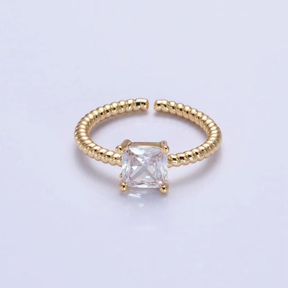 16K Gold Filled Clear Square CZ Croissant Twist Adjustable Ring in Gold &amp; Silver | O1968 O1969