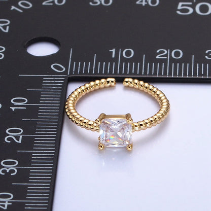 16K Gold Filled Clear Square CZ Croissant Twist Adjustable Ring in Gold &amp; Silver | O1968 O1969