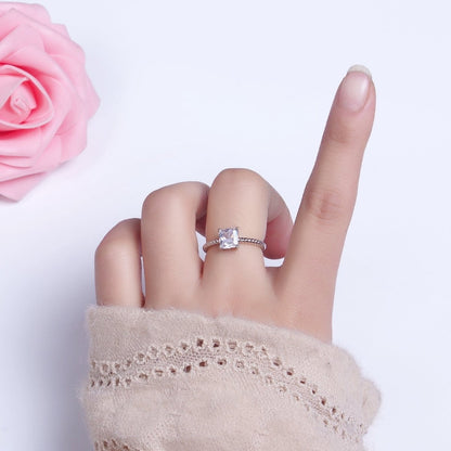 16K Gold Filled Clear Square CZ Croissant Twist Adjustable Ring in Gold &amp; Silver | O1968 O1969