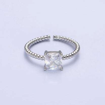 16K Gold Filled Clear Square CZ Croissant Twist Adjustable Ring in Gold &amp; Silver | O1968 O1969