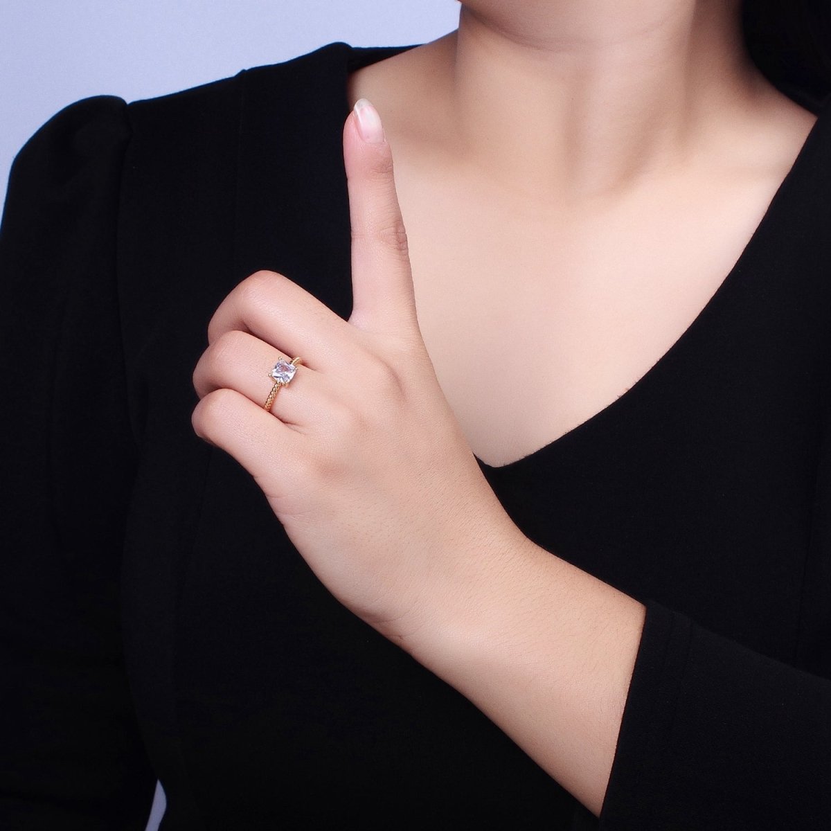 16K Gold Filled Clear Square CZ Croissant Twist Adjustable Ring in Gold &amp; Silver | O1968 O1969