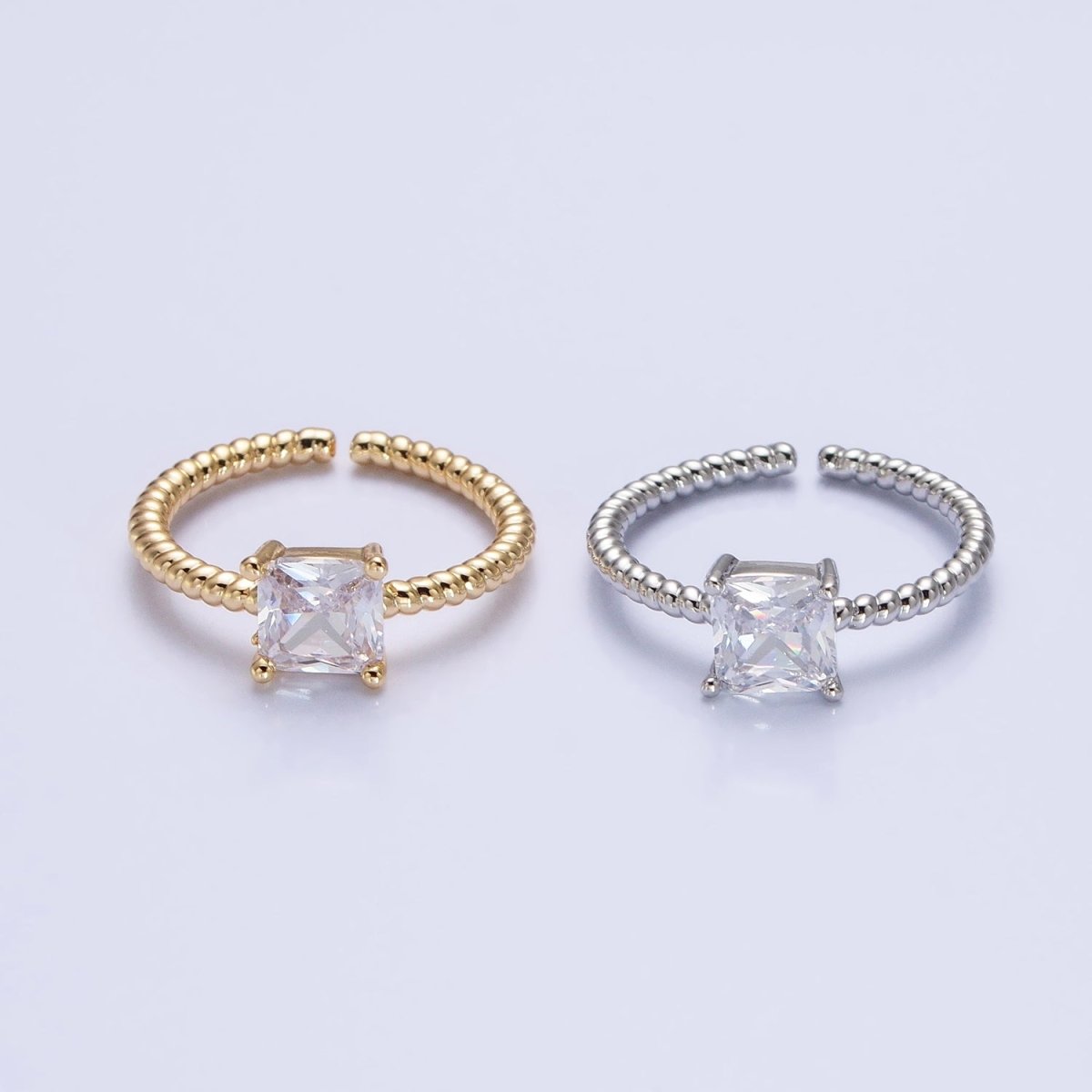 16K Gold Filled Clear Square CZ Croissant Twist Adjustable Ring in Gold &amp; Silver | O1968 O1969