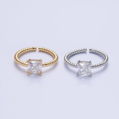 16K Gold Filled Clear Square CZ Croissant Twist Adjustable Ring in Gold &amp; Silver | O1968 O1969