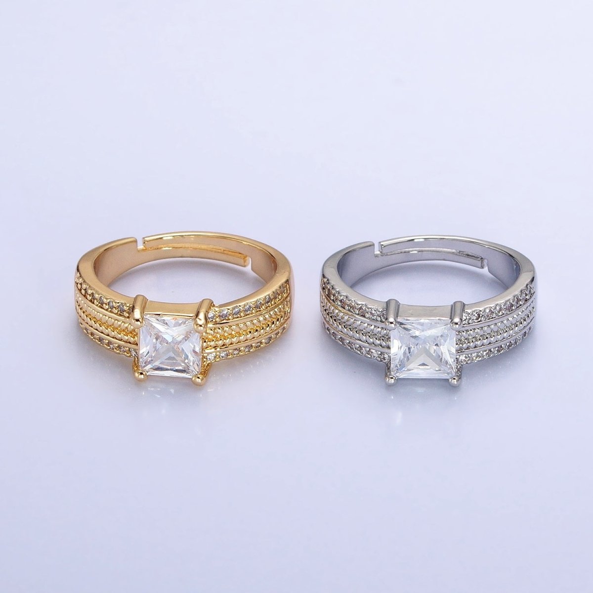 16K Gold Filled Clear Square CZ Curb Textured Band Ring in Gold &amp; Silver  O-1918 O-1919