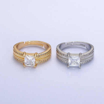 16K Gold Filled Clear Square CZ Curb Textured Band Ring in Gold &amp; Silver  O-1918 O-1919