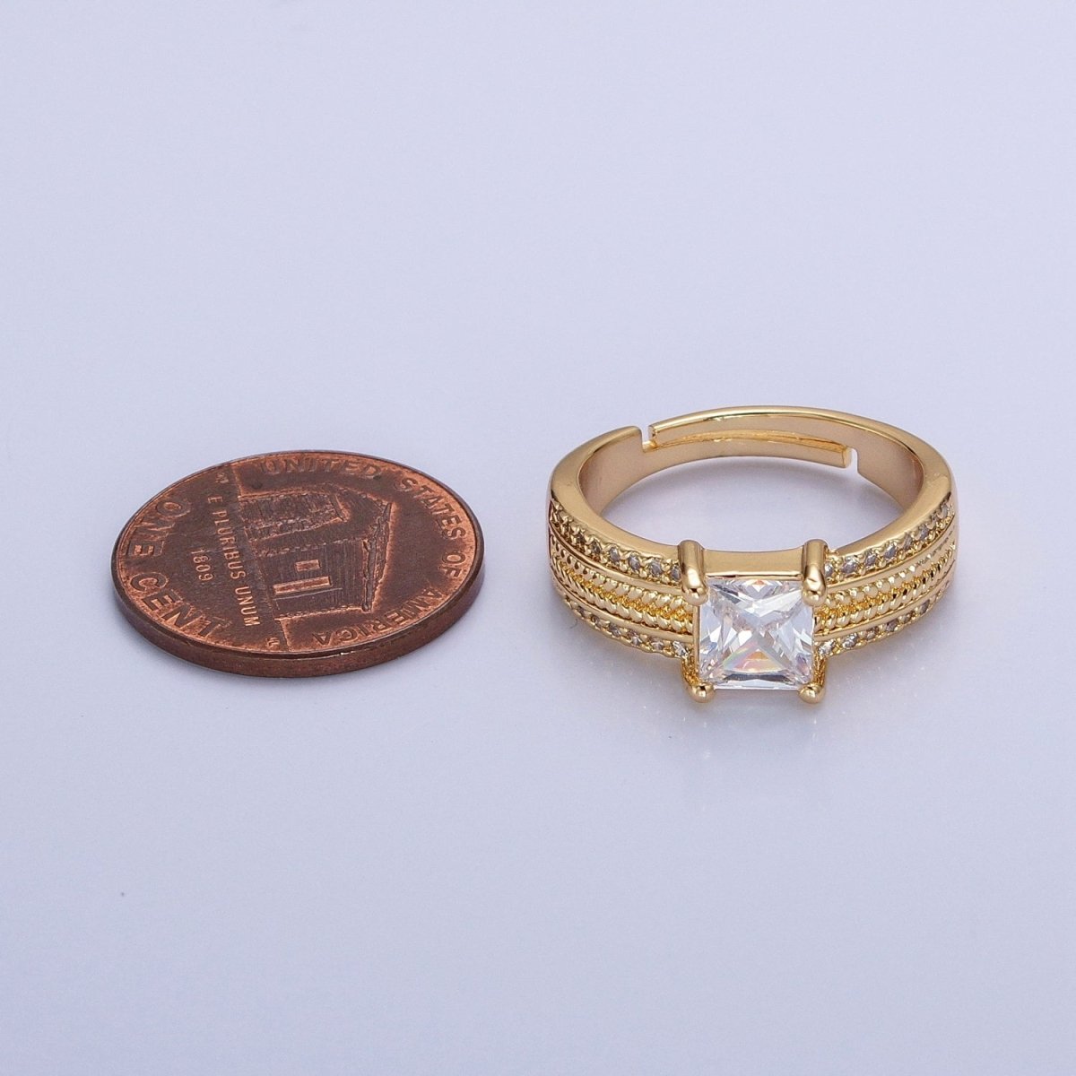 16K Gold Filled Clear Square CZ Curb Textured Band Ring in Gold &amp; Silver  O-1918 O-1919