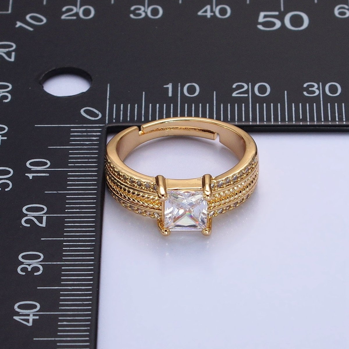 16K Gold Filled Clear Square CZ Curb Textured Band Ring in Gold &amp; Silver  O-1918 O-1919