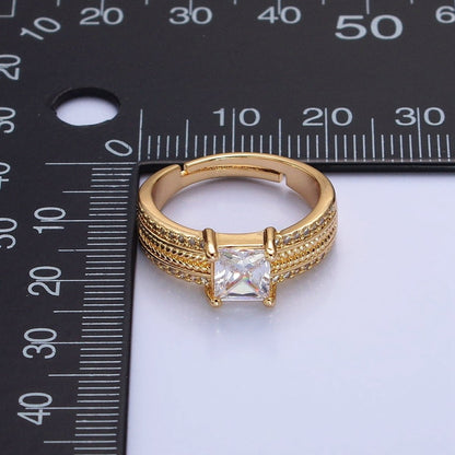 16K Gold Filled Clear Square CZ Curb Textured Band Ring in Gold &amp; Silver  O-1918 O-1919