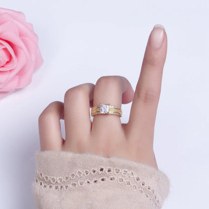 16K Gold Filled Clear Square CZ Curb Textured Band Ring in Gold &amp; Silver  O-1918 O-1919