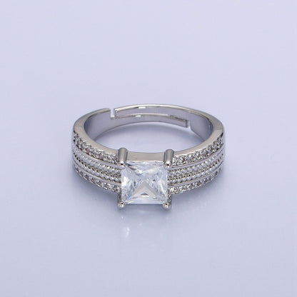 16K Gold Filled Clear Square CZ Curb Textured Band Ring in Gold &amp; Silver  O-1918 O-1919