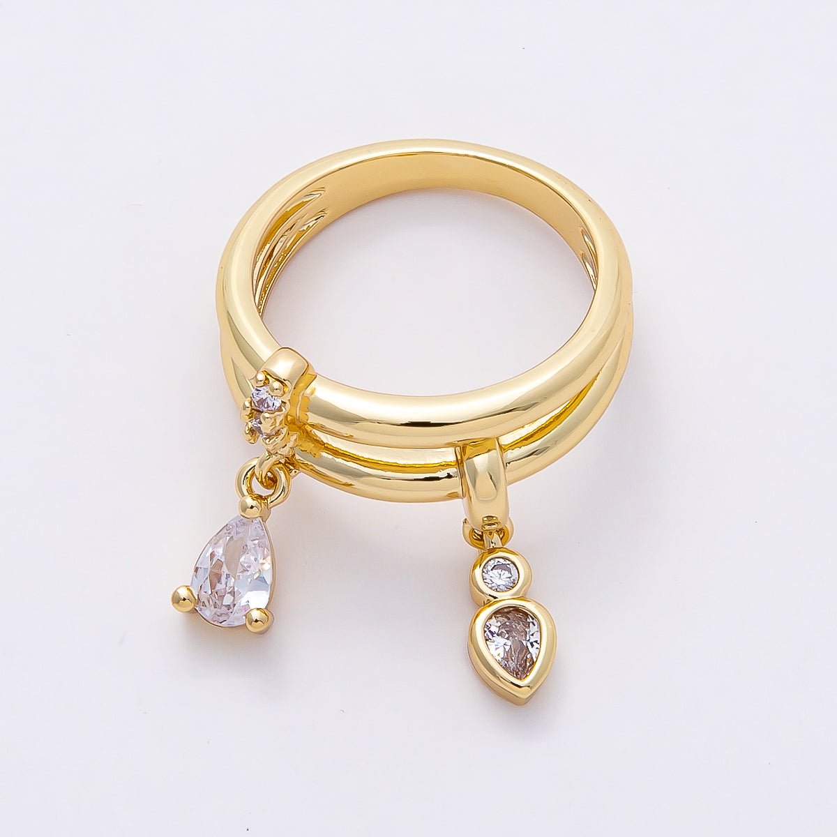 16K Gold Filled Clear Teardrop CZ Drop Double Band Ring | Rings-00115