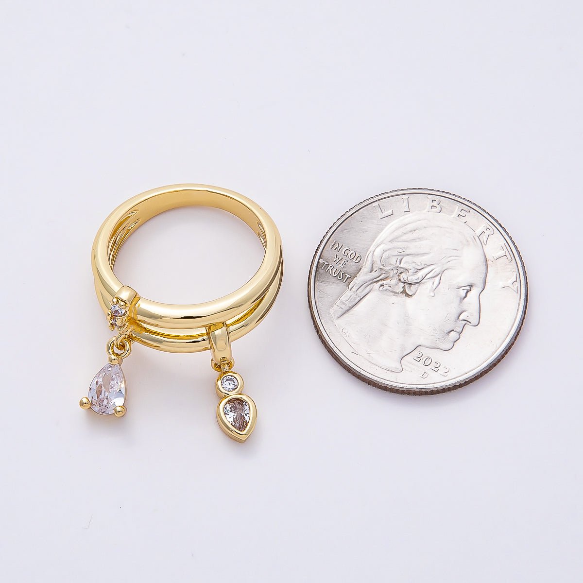 16K Gold Filled Clear Teardrop CZ Drop Double Band Ring | Rings-00115