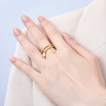16K Gold Filled Clear Teardrop CZ Drop Double Band Ring | Rings-00115