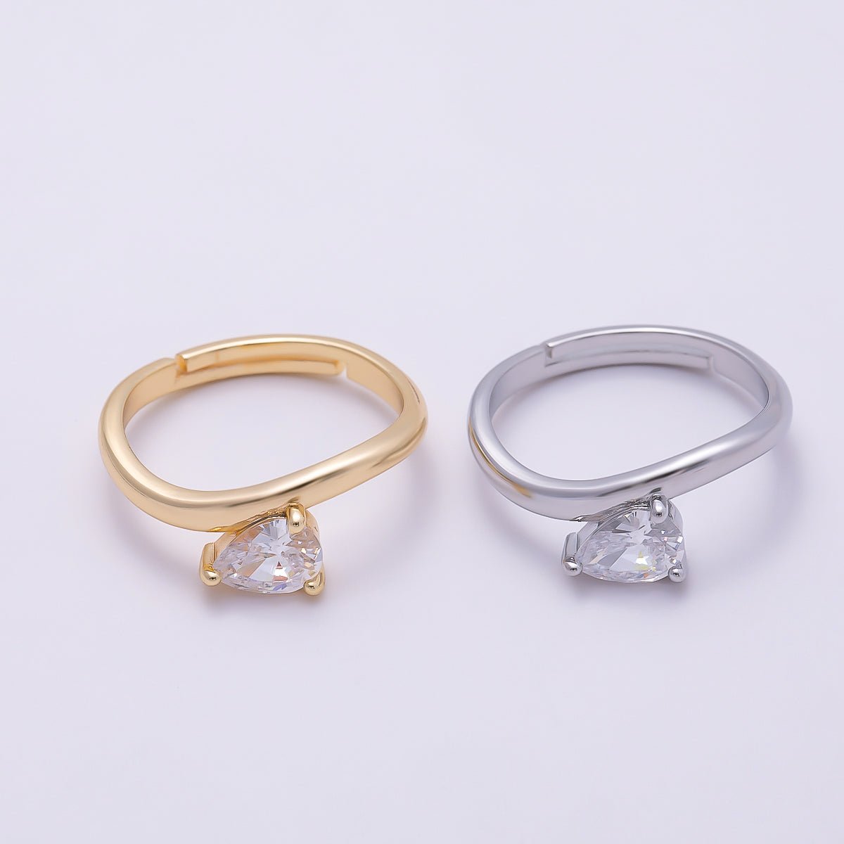 16K Gold Filled Clear Teardrop CZ Solitaire Curved Ring in Gold &amp; Silver | Rings-00130 Rings-00131