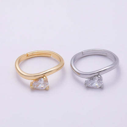 16K Gold Filled Clear Teardrop CZ Solitaire Curved Ring in Gold &amp; Silver | Rings-00130 Rings-00131