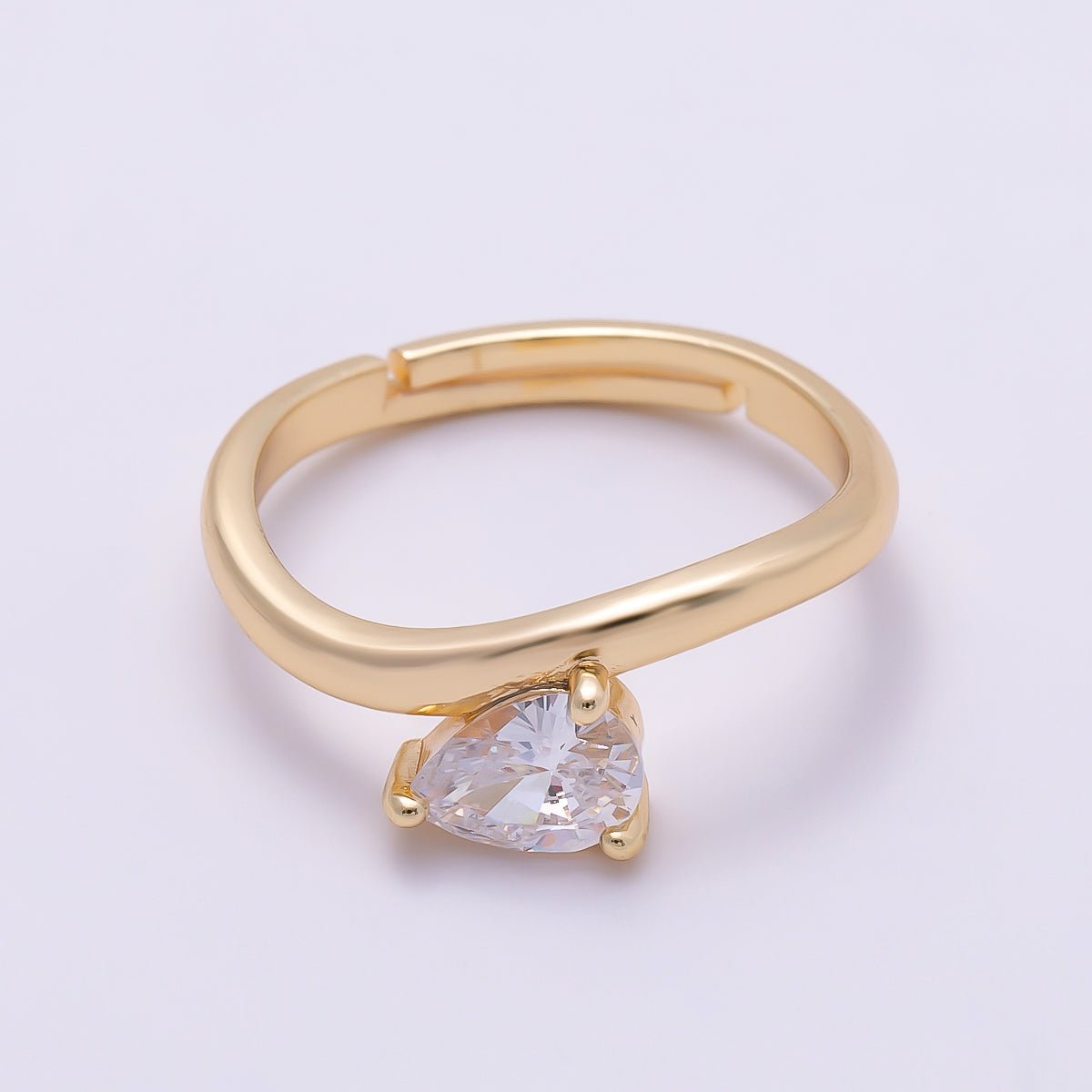 16K Gold Filled Clear Teardrop CZ Solitaire Curved Ring in Gold &amp; Silver | Rings-00130 Rings-00131