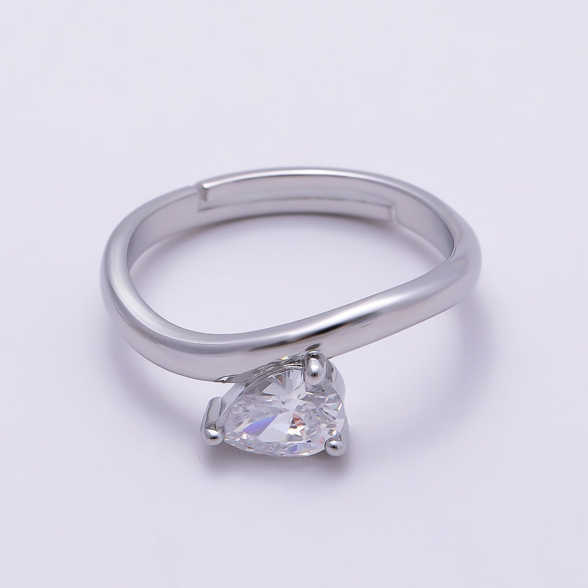 16K Gold Filled Clear Teardrop CZ Solitaire Curved Ring in Gold &amp; Silver | Rings-00130 Rings-00131
