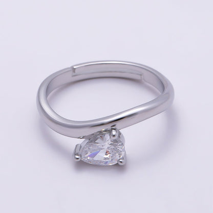 16K Gold Filled Clear Teardrop CZ Solitaire Curved Ring in Gold &amp; Silver | Rings-00130 Rings-00131