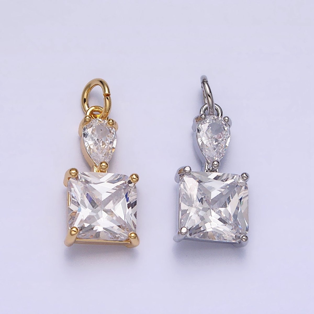 16K Gold Filled Clear Teardrop Square Double CZ Add-On Charm in Gold &amp; Silver | AC1243 AC1244