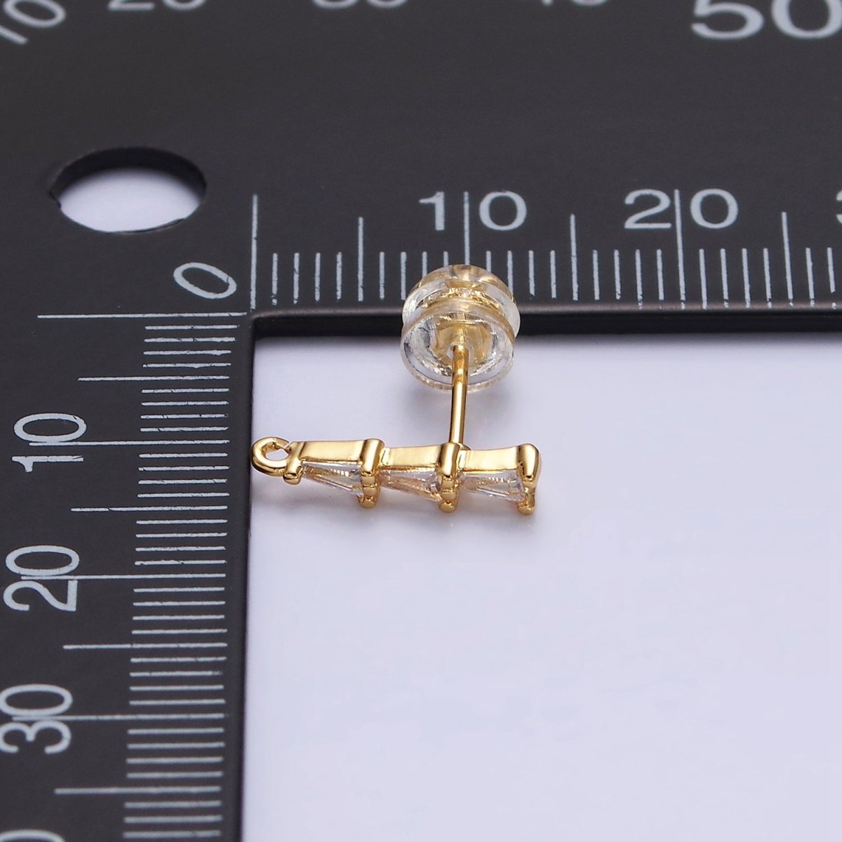 16K Gold Filled Clear Triple Triangle Baguette Linear Drop Open Loop Stud Earrings Supply in Gold &amp; Silver | Z-419 Z-420