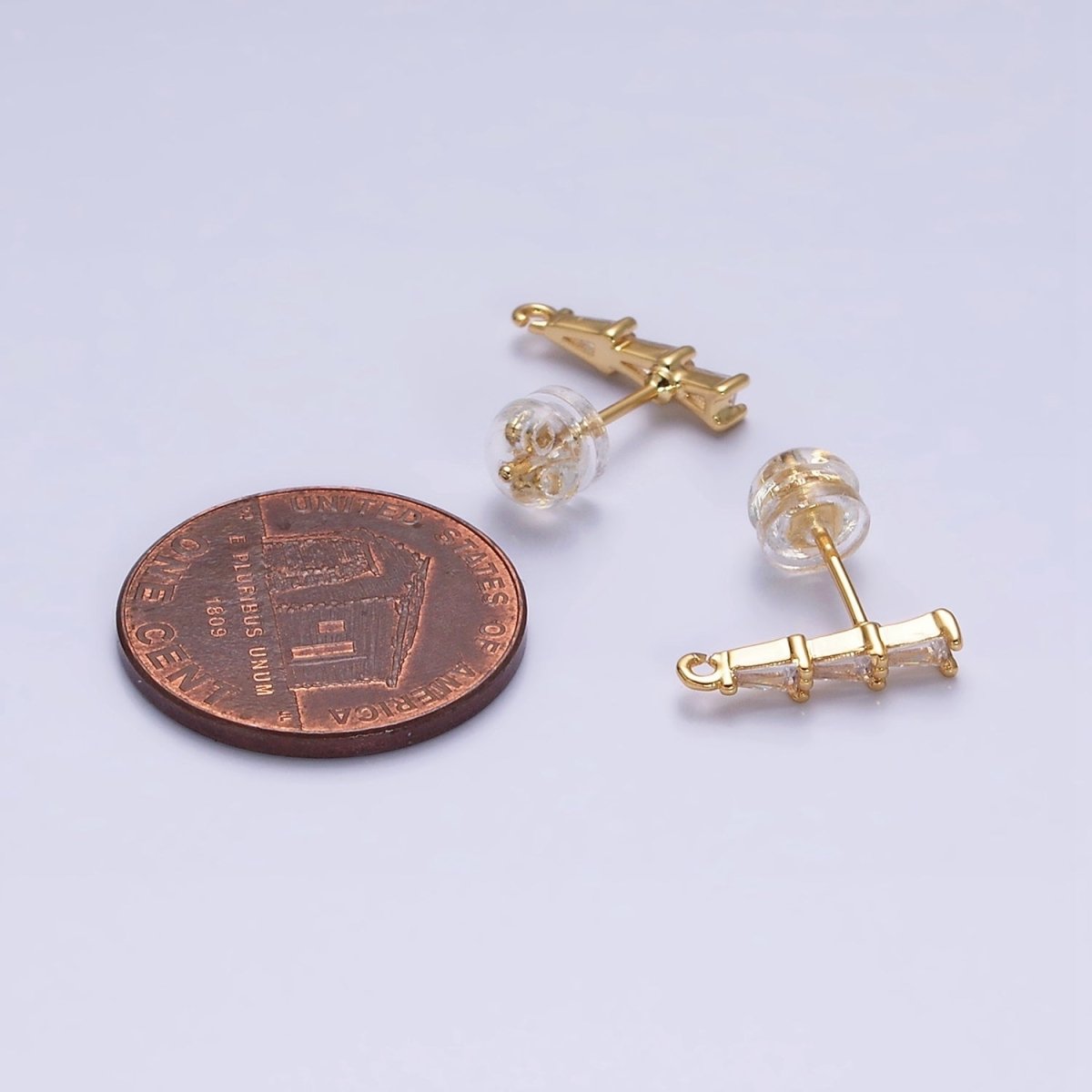16K Gold Filled Clear Triple Triangle Baguette Linear Drop Open Loop Stud Earrings Supply in Gold &amp; Silver | Z-419 Z-420