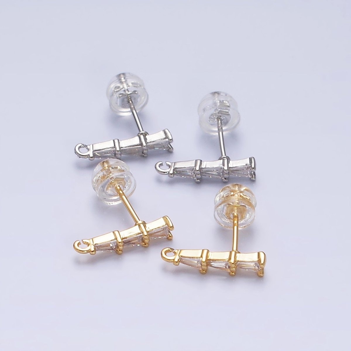 16K Gold Filled Clear Triple Triangle Baguette Linear Drop Open Loop Stud Earrings Supply in Gold &amp; Silver | Z-419 Z-420