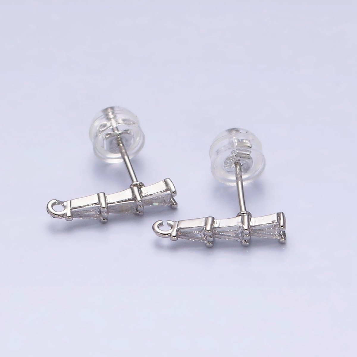 16K Gold Filled Clear Triple Triangle Baguette Linear Drop Open Loop Stud Earrings Supply in Gold &amp; Silver | Z-419 Z-420
